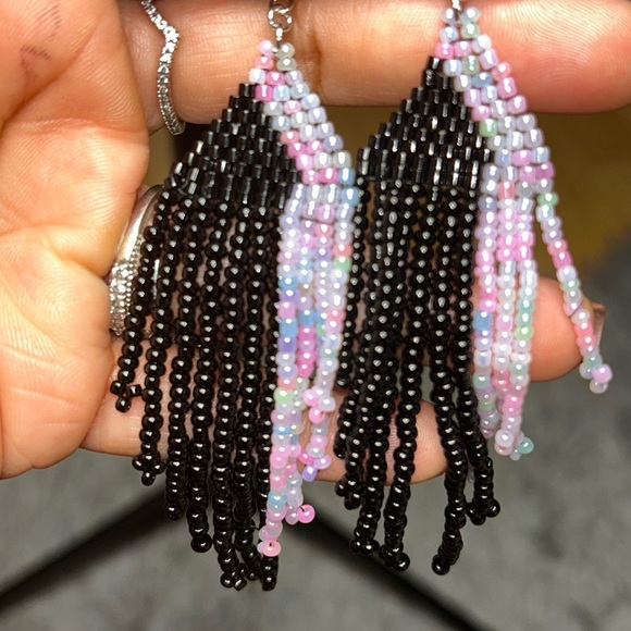 Colorful Beaded Fringe Earrings - Picture 2 of 2